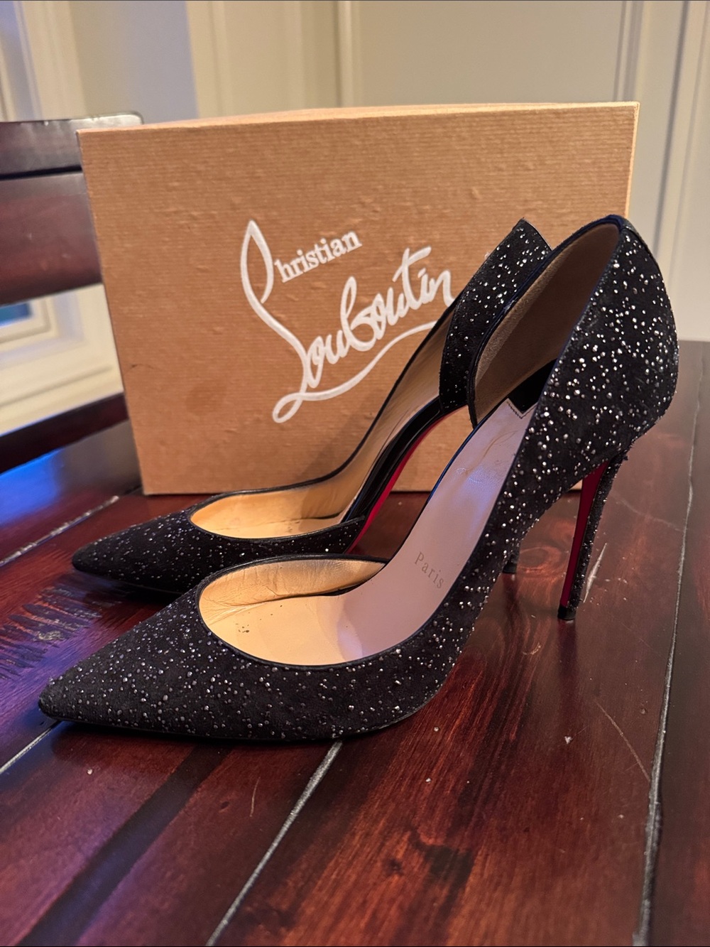 Christian Louboutin Black Glitter Pointed-Toe Stilettos with Red Sole